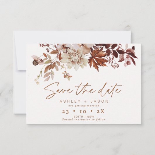 Boho Brown Floral Hochzeit im Herbst Save the Date Einladung (Vorderseite)