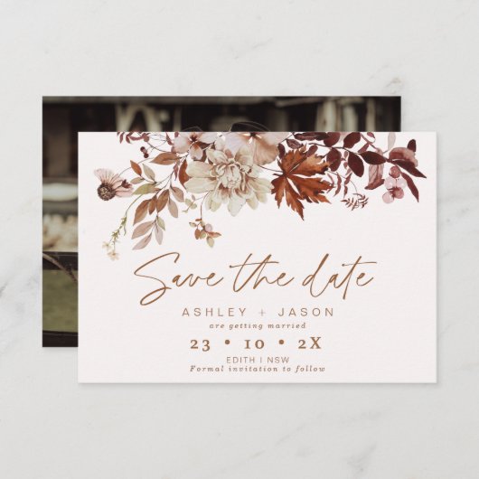 Boho Brown Floral Hochzeit im Herbst Save the Date Einladung (Vorne/Hinten)