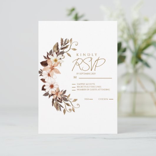 Boho Brown Floral  RSVP Karte (Stehend Vorderseite)