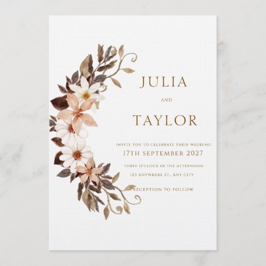 Boho Brown Floral Wedding Invitation Einladung (Vorderseite)