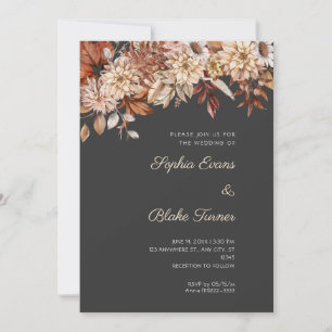 Boho Brown Floral Winter Pebble Gray Wedding Einladung