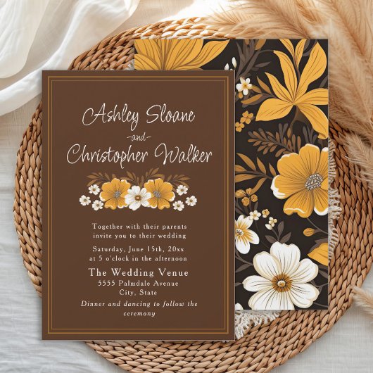 Boho Brown Gold Floral Autumn Wedding Einladung