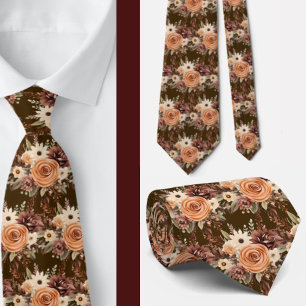 Boho Brown Gold Floral Watercolor Blume Hochzeit Krawatte