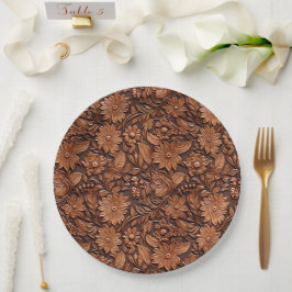 Boho Brown Imitats Leather Floral Wedding Pappteller