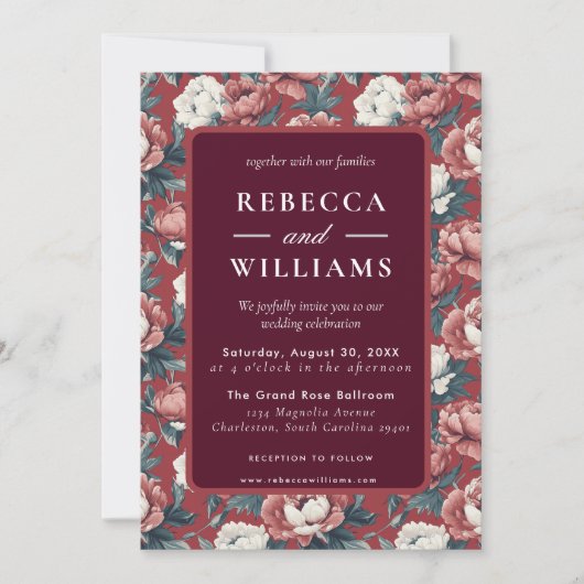 Boho Brown Peonies Spring Wedding Invitation Einladung (Vorderseite)