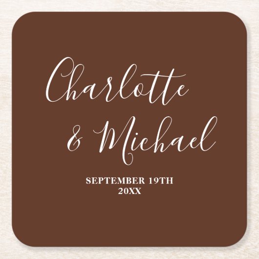 Boho Brown Script Minimalist Wedding Rechteckiger Pappuntersetzer (Vorderseite)