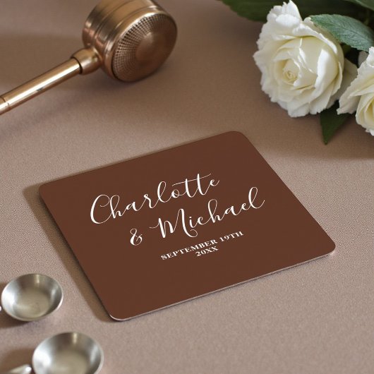 Boho Brown Script Minimalist Wedding Rechteckiger Pappuntersetzer