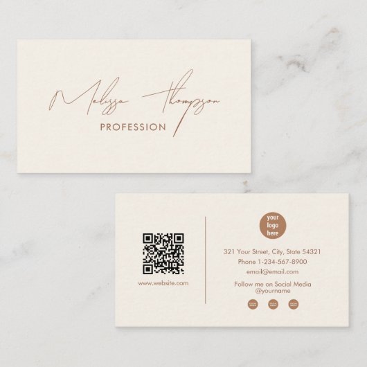Boho Brown Signature Schrift Professional QR Code  Visitenkarte (Vorne/Hinten)