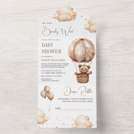Boho Brown Teddy Bear Hot Air Ballon Babydusche All In One Einladung (Innen Boden)