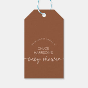 Boho Brown Terracotta Beige Script Baby Dusche Geschenkanhänger