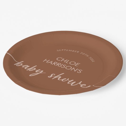 Boho Brown Terracotta Beige Script Baby Dusche Pappteller (Schrägansicht)