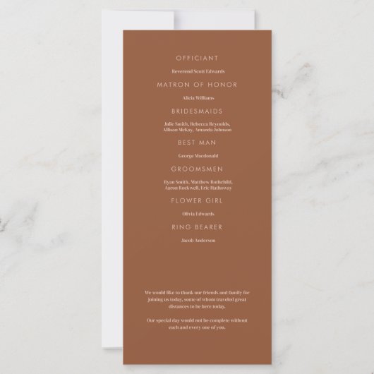 Boho Brown Terracotta Trendy Wedding Program (Rückseite)