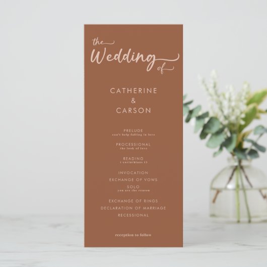 Boho Brown Terracotta Trendy Wedding Program (Stehend Vorderseite)