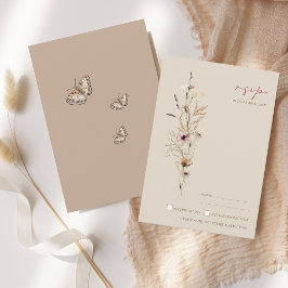Boho Brown Wildblumen und Schmetterlinge Hochzeite RSVP Karte