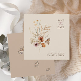 Boho Brown Wildblumen und Schmetterlinge Hochzeite Save The Date