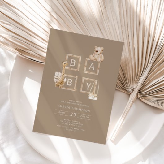 Boho Brown Wood Blockbriefe Kinderdusche Einladung