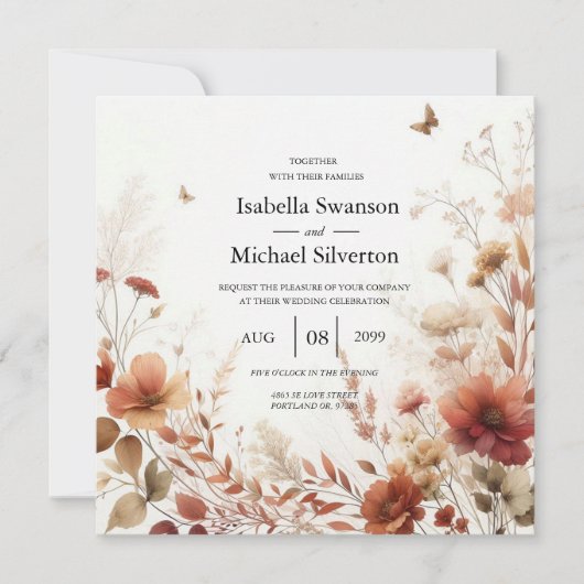 Boho Browns with Butterflies Floral Wedding Einladung (Vorderseite)