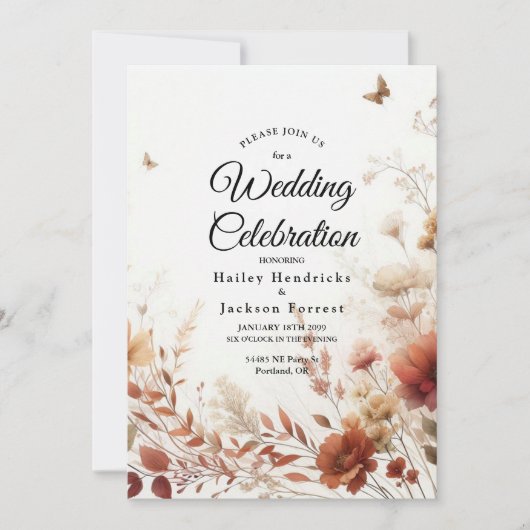 Boho Browns with Butterflies Floral Wedding Einladung (Vorderseite)