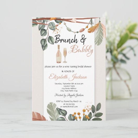 Boho Brunch & Bubbly Brautparty Einladung (Stehend Vorderseite)