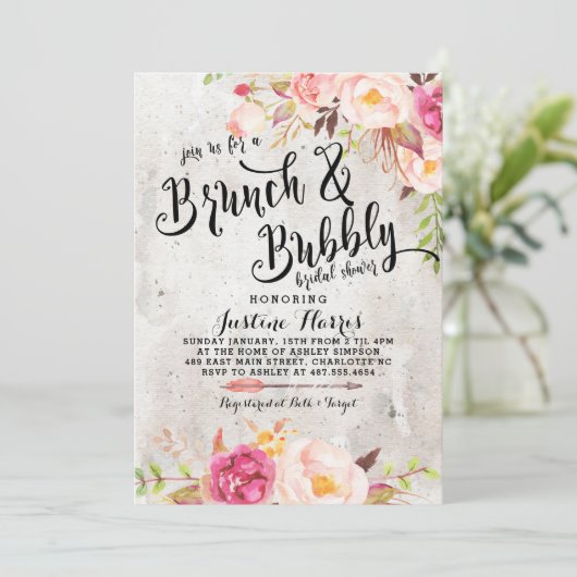 Boho Brunch und Blubbly Bridal Dusche Einladung (Stehend Vorderseite)