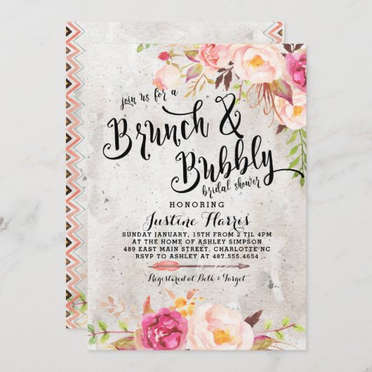 Boho Brunch und Blubbly Bridal Dusche Einladung (Vorne/Hinten)
