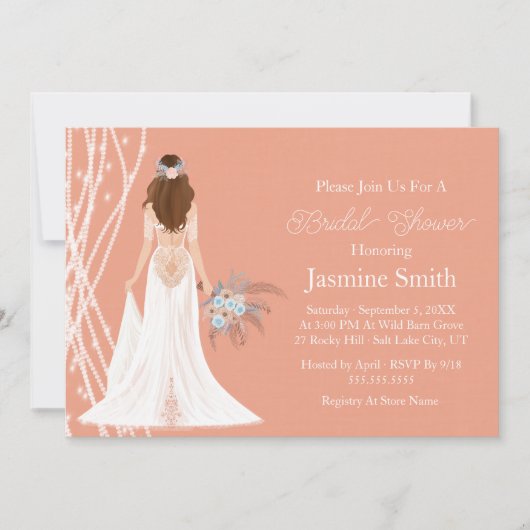 Boho Brünett Bridge mit Perlen-Brautparty Einladung (Vorderseite)