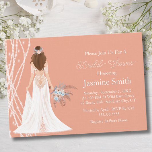 Boho Brünett Bridge mit Perlen-Brautparty Einladung