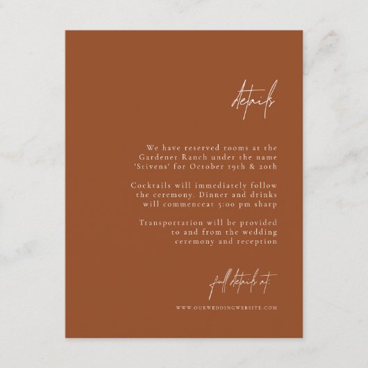 Boho Brunt Orange Elegant Details zur Hochzeit Begleitkarte (Vorderseite)