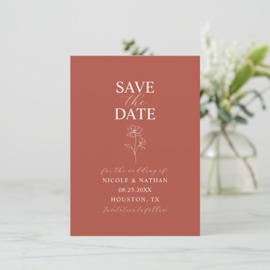 Boho Budget Terracotta Rust Blume Wedding | DIY S Save The Date (Stehend Vorderseite)