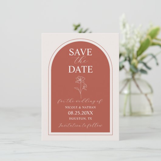 Boho Budget Terracotta Rust Blume Wedding | DIY Save The Date (Stehend Vorderseite)