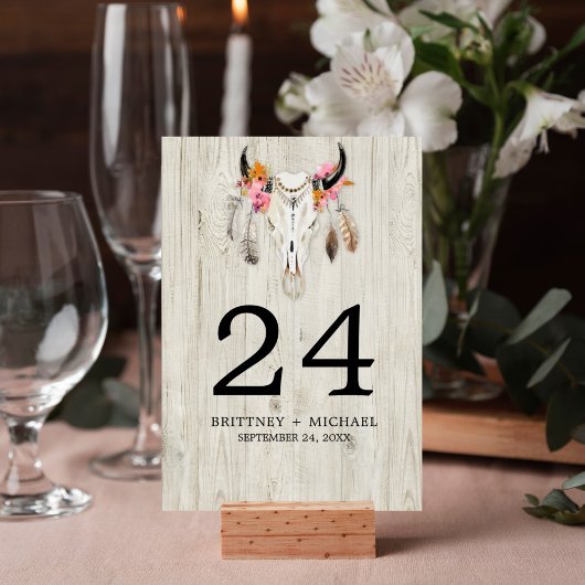 Boho-Büffelschädel-Federn-rustikale Holz-Hochzeit Tischnummer