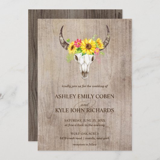 Boho Bull Skull Hochzeitseinladung mit Sonnenblume Einladung (Vorne/Hinten)