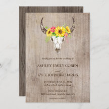 Boho Bull Skull Hochzeitseinladung mit Sonnenblume