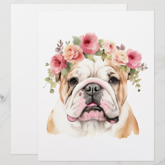 Boho Bulldog Blume Crown Watercolor Briefbogen (Vorne/Hinten)