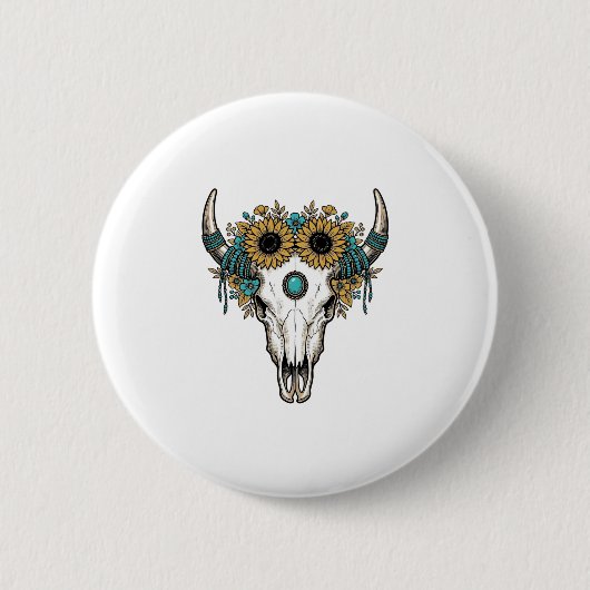 Boho Bullenschädel Sonnenblume Vintage Western Gra Button (Vorderseite)