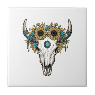 Boho Bullenschädel Sonnenblume Vintage Western Gra Fliese