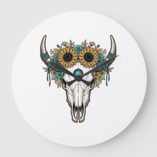 Boho Bullenschädel Sonnenblume Vintage Western Gra Große Wanduhr