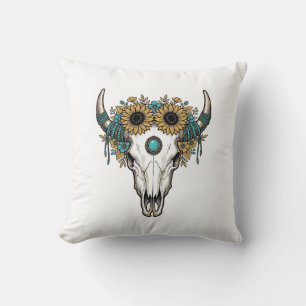 Boho Bullenschädel Sonnenblume Vintage Western Gra Kissen