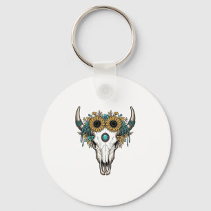 Boho Bullenschädel Sonnenblume Vintage Western Gra Schlüsselanhänger