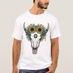 Boho Bullenschädel Sonnenblume Vintage Western Gra T-Shirt