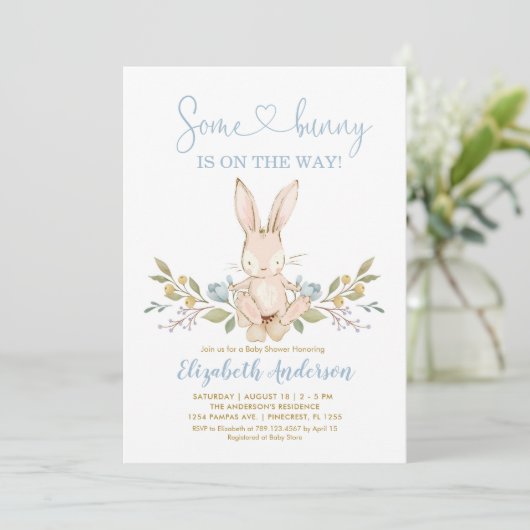 Boho Bunny Rabbit Blue Boy Baby Dusche Einladung (Stehend Vorderseite)