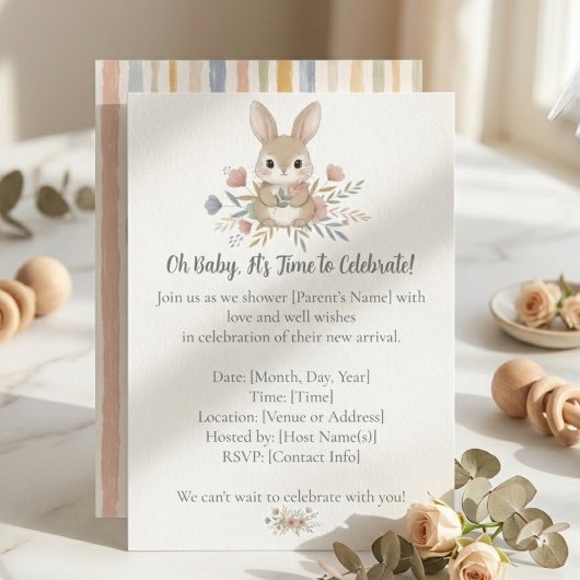 Boho Bunny Watercolor Stripe Baby Shower Einladung