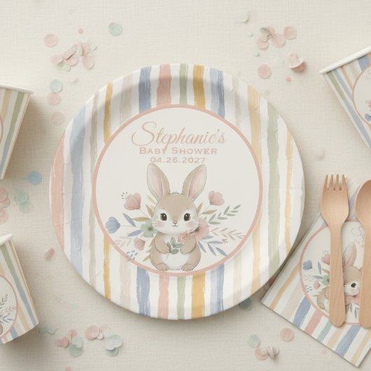 Boho Bunny Watercolor Stripe Plate Pappteller