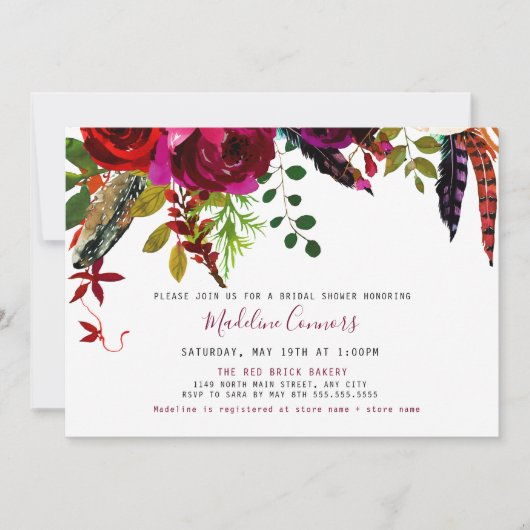 Boho Burgund Floral and Feathers Brautparty Einladung (Vorderseite)