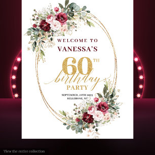 Boho-Burgund-Floral-Gold-Rahmen 60. Geburtstag Wandteppich
