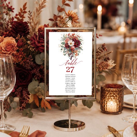 Boho Burgund Gold Floral Grün Tischnummer  