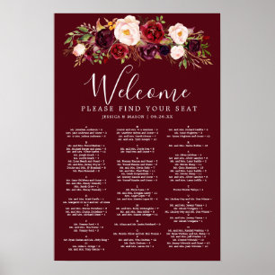 Boho-Burgund-Marsala-Hochzeits-Sitzplan-Schild Poster