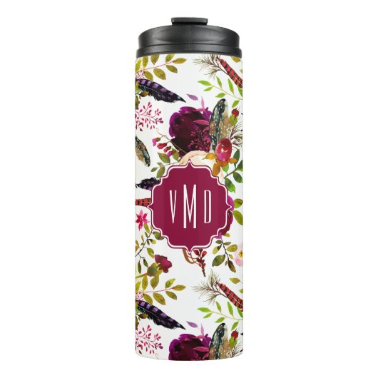 Boho Burgund Marsala Wasserfarbe Floral Monogramm Thermosbecher (Vorderseite)