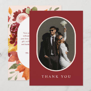 Boho Burgund Romantische Blumen-Hochzeitsfoto Dankeskarte