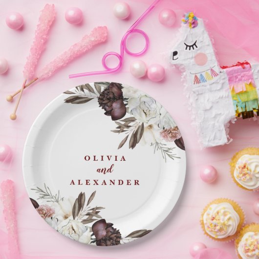 Boho Burgund Rose fallen Blumenzwiebelmarke Pappteller (Party)